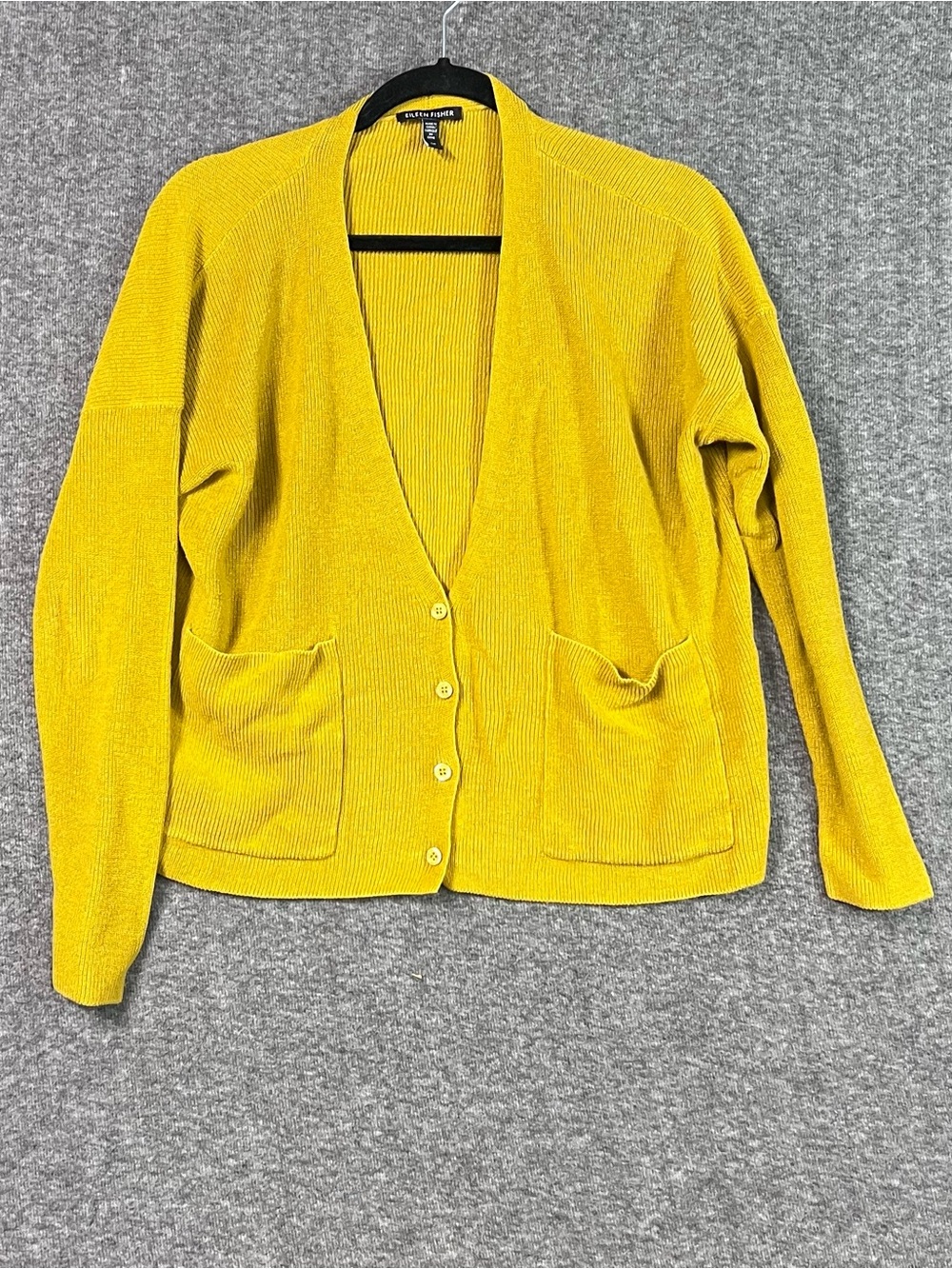 Eileen Fisher Organic Linen Cotton Rib Knit Cardigan Mustard Yellow S